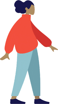 Illustration of a person walking, in a warm red top and soft blue trousers