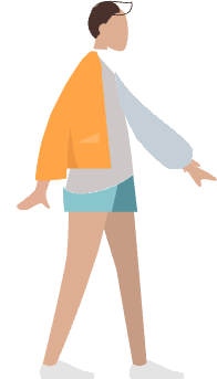 Illustration of a person walking, in a white jumper and teal shorts